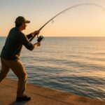 堤防でロッドを大きく振ってキャスティングする釣り人のシルエット