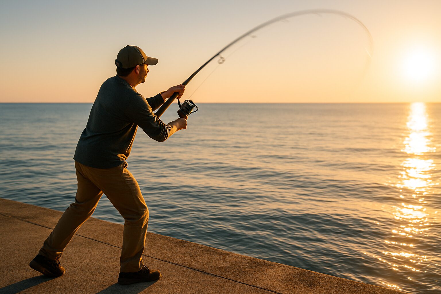 堤防でロッドを大きく振ってキャスティングする釣り人のシルエット
