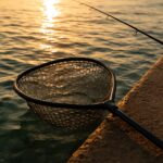 堤防の足元でランディングネットを水中に入れて魚を取り込もうとしている場面