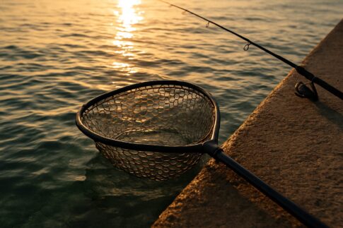 堤防の足元でランディングネットを水中に入れて魚を取り込もうとしている場面