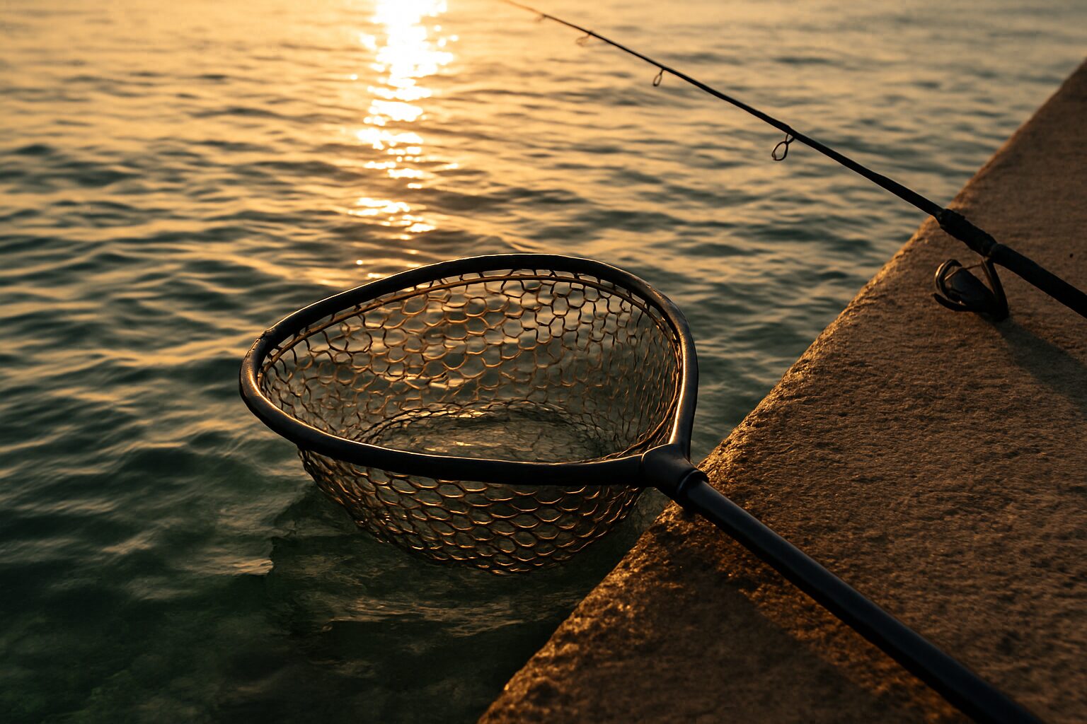 堤防の足元でランディングネットを水中に入れて魚を取り込もうとしている場面