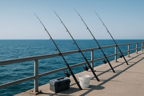 青空のもと堤防に並べられた釣り竿とタックルボックス