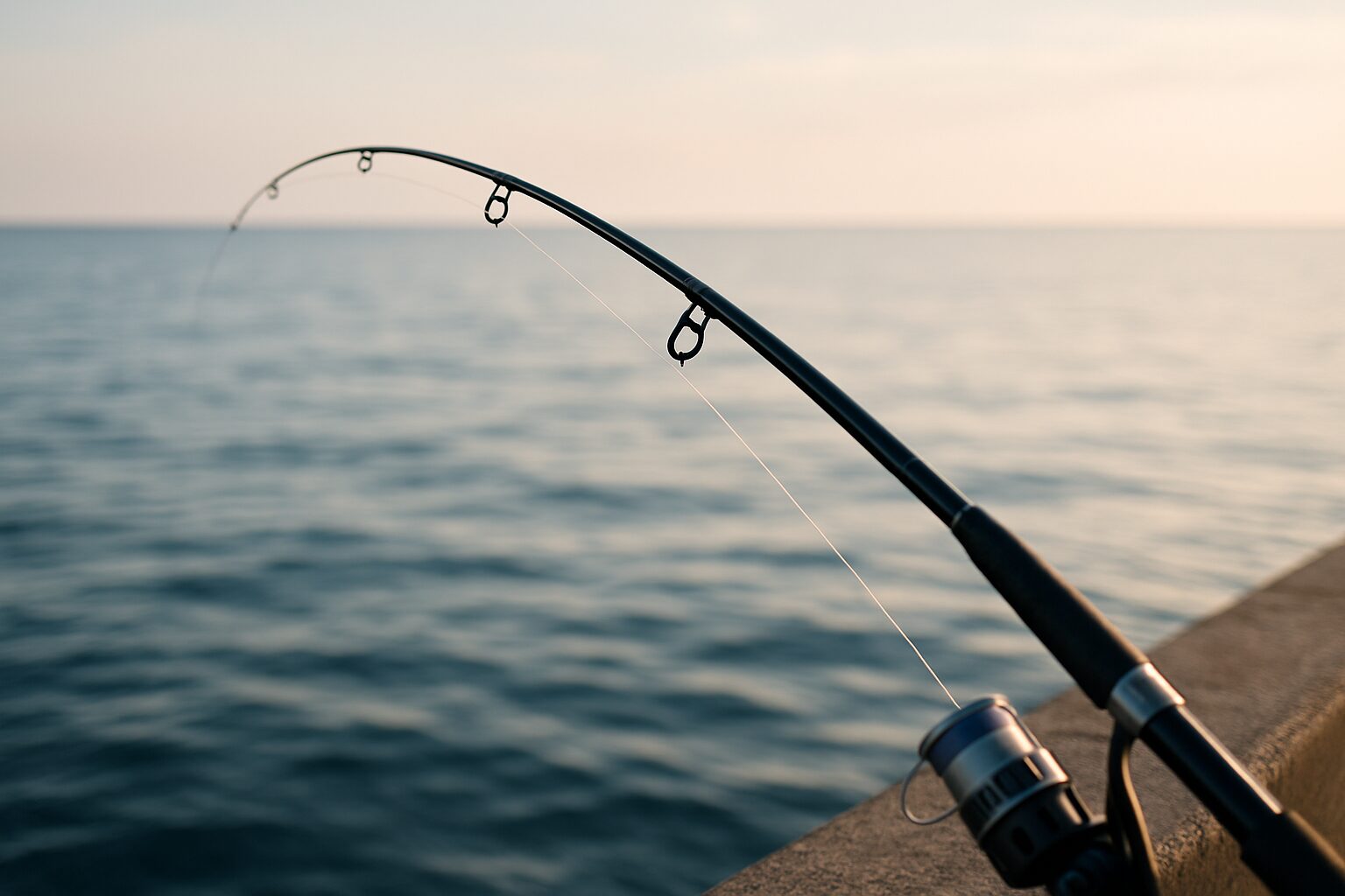 堤防から海に向けて伸びる釣り竿の穂先と張ったライン。アタリを待つ場面