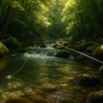 緑豊かな渓流でテンカラの毛バリを流すシーン