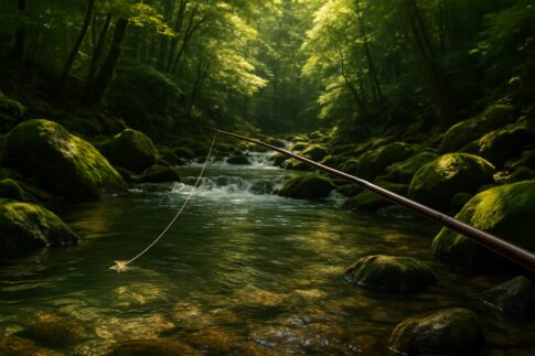緑豊かな渓流でテンカラの毛バリを流すシーン