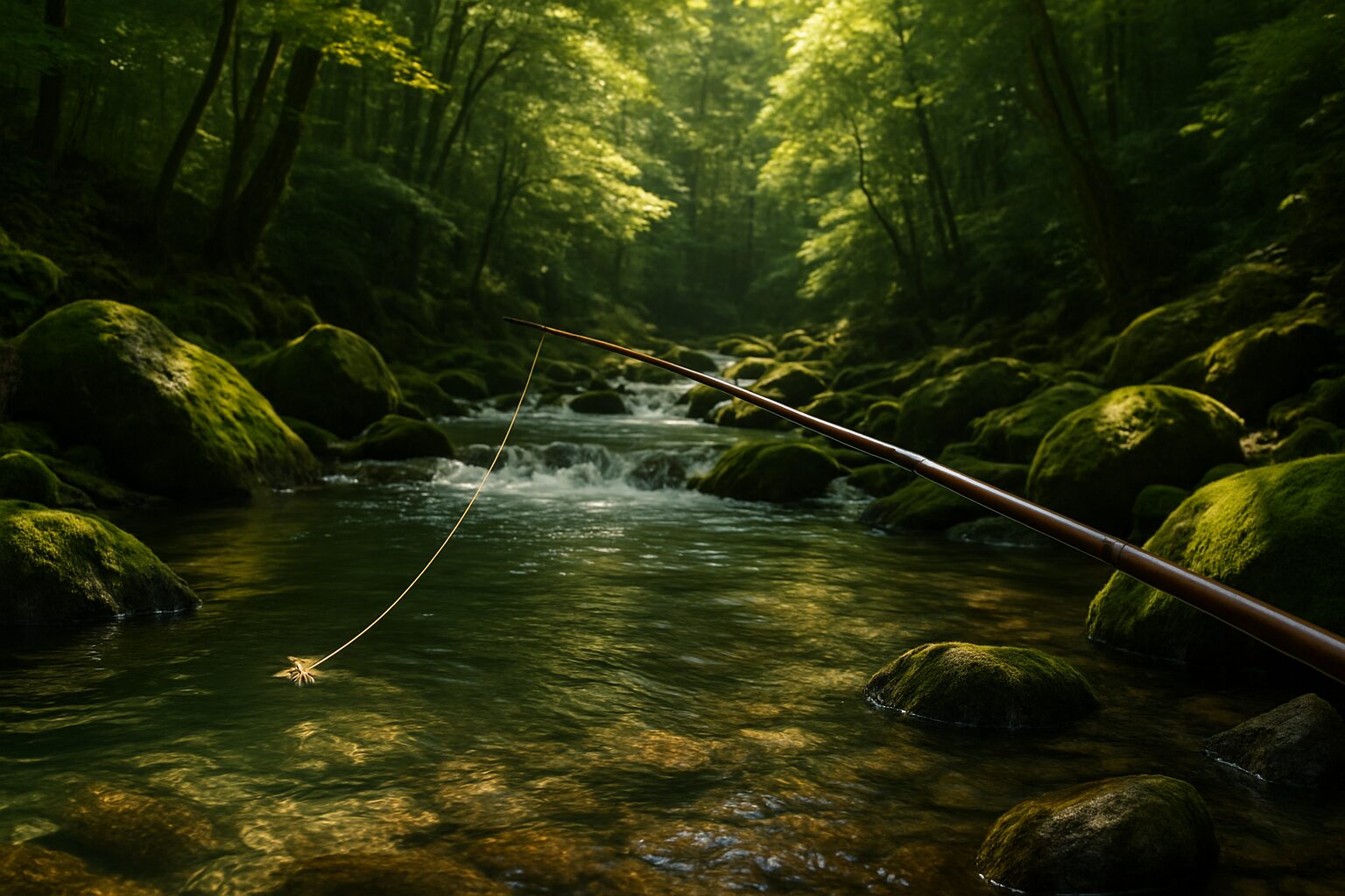 緑豊かな渓流でテンカラの毛バリを流すシーン