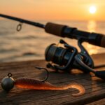 ジグヘッドにセットされたワームと釣り道具、夕暮れの海を背景にした風景