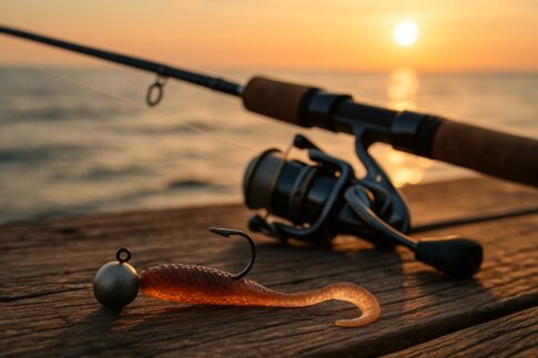 ジグヘッドにセットされたワームと釣り道具、夕暮れの海を背景にした風景