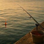 堤防のそばで水面に浮かぶオレンジ色の円錐ウキと磯竿のフカセ釣りシーン