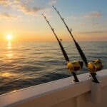 穏やかな海上で釣り竿が並ぶ船釣りの朝の風景