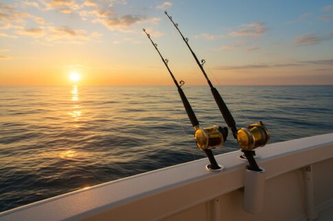 穏やかな海上で釣り竿が並ぶ船釣りの朝の風景