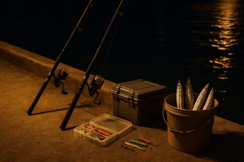 夜の堤防でタチウオを狙う釣りの雰囲気。常夜灯が海面に映え、ロッドと道具が並ぶ