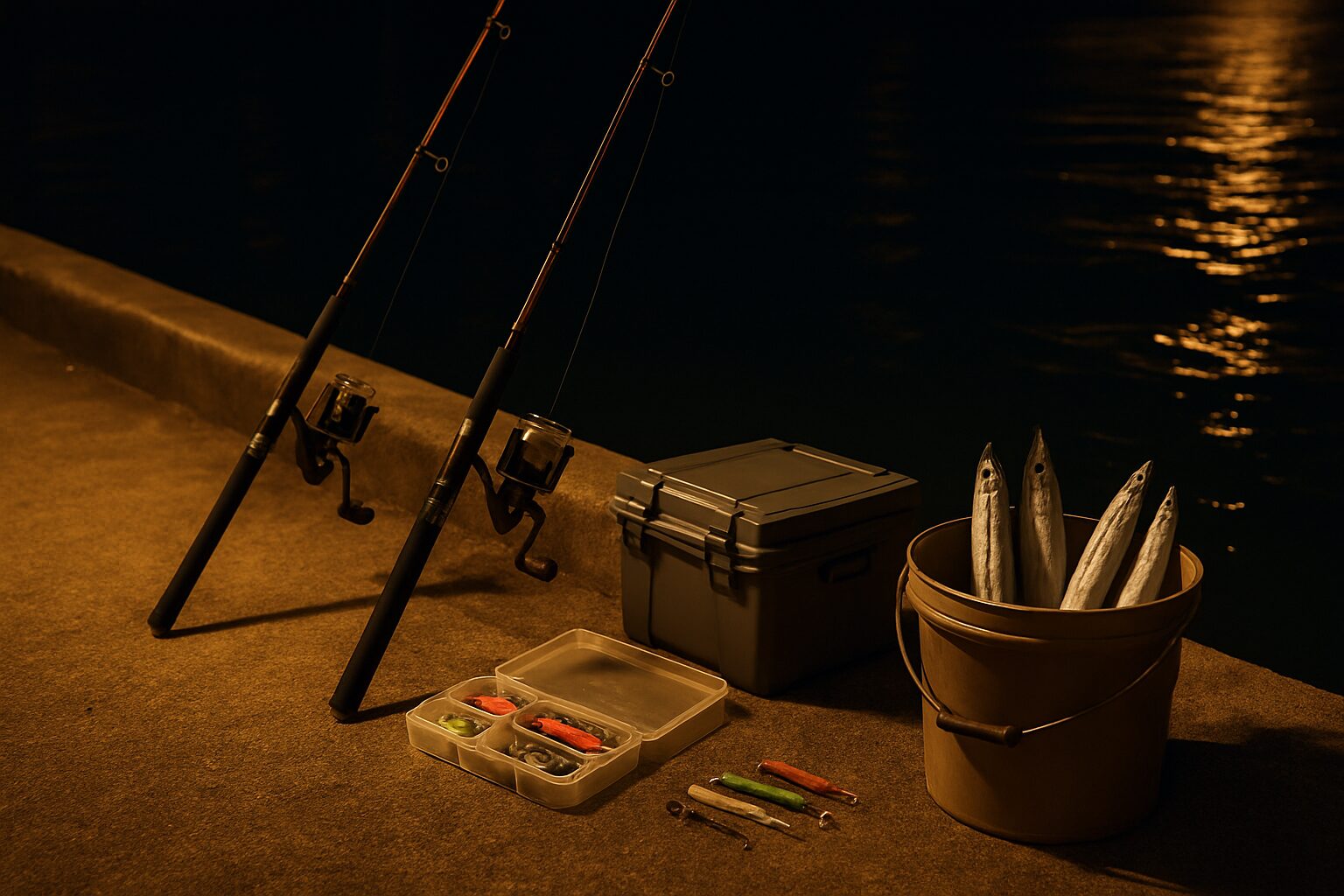 夜の堤防でタチウオを狙う釣りの雰囲気。常夜灯が海面に映え、ロッドと道具が並ぶ