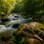 緑豊かな森に囲まれた清流と渓流釣りの道具
