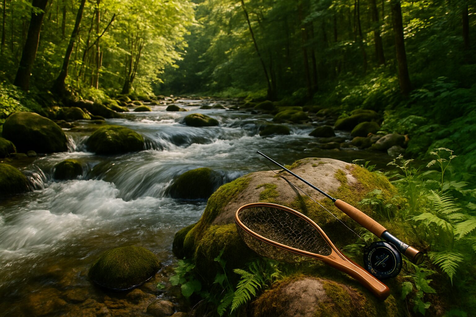 緑豊かな森に囲まれた清流と渓流釣りの道具