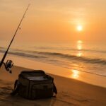 夜明けの砂浜に立てかけられたサーフロッドと穏やかな波