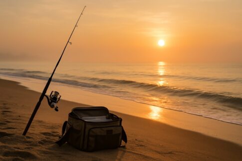 夜明けの砂浜に立てかけられたサーフロッドと穏やかな波