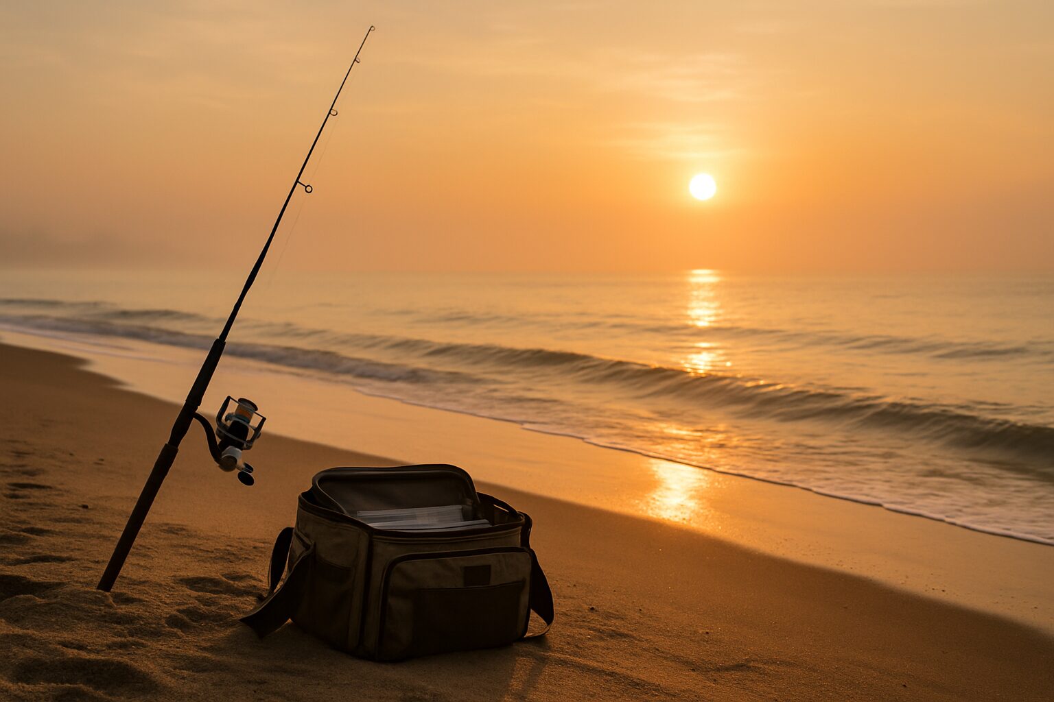 夜明けの砂浜に立てかけられたサーフロッドと穏やかな波