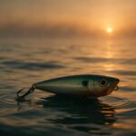 夜明けの水面に浮かぶトップウォータールアーと広がる波紋