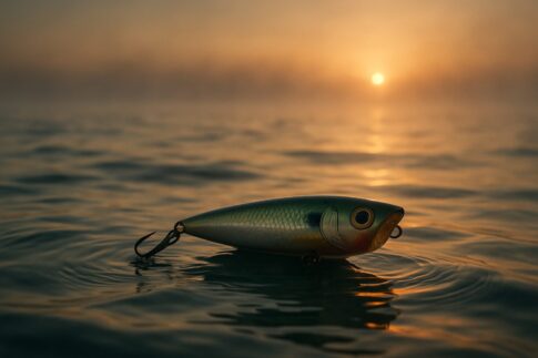 夜明けの水面に浮かぶトップウォータールアーと広がる波紋