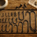 様々な種類とサイズの釣り針を木の板の上に並べたフラットレイ写真