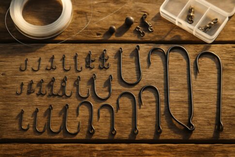 様々な種類とサイズの釣り針を木の板の上に並べたフラットレイ写真