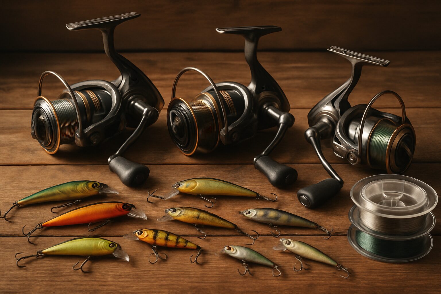 釣り具（リール・ルアー・ライン）が木製のテーブルに並べられた様子