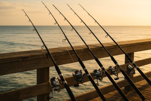 堤防の手すりに立てかけられた複数の釣りロッドと穏やかな海の風景
