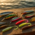 カラフルなルアーが木製テーブルに並んだ俯瞰写真