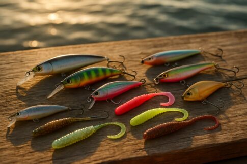 カラフルなルアーが木製テーブルに並んだ俯瞰写真