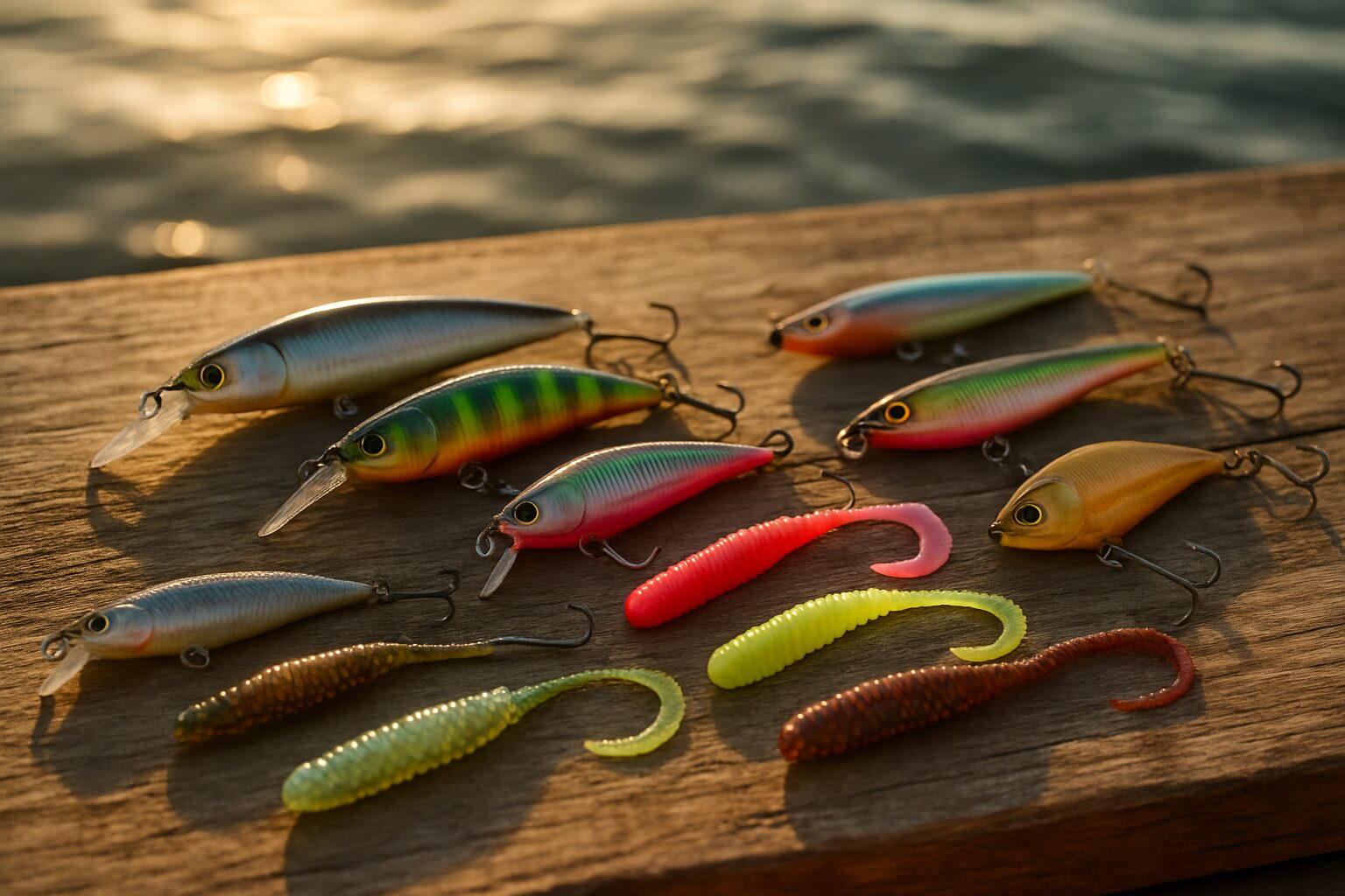 カラフルなルアーが木製テーブルに並んだ俯瞰写真
