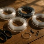 フロロカーボンリーダーとナイロンリーダーのスプールを木の上に並べたフラットレイ