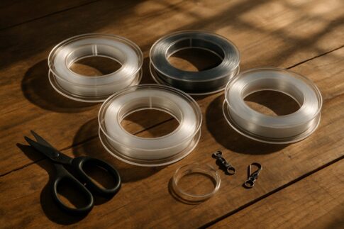 フロロカーボンリーダーとナイロンリーダーのスプールを木の上に並べたフラットレイ