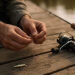 釣り糸のノット（結び目）を手元で丁寧に結んでいるシーン