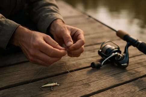 釣り糸のノット（結び目）を手元で丁寧に結んでいるシーン