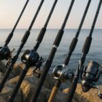 海辺に並んだハイエンド釣りロッドのイメージ写真