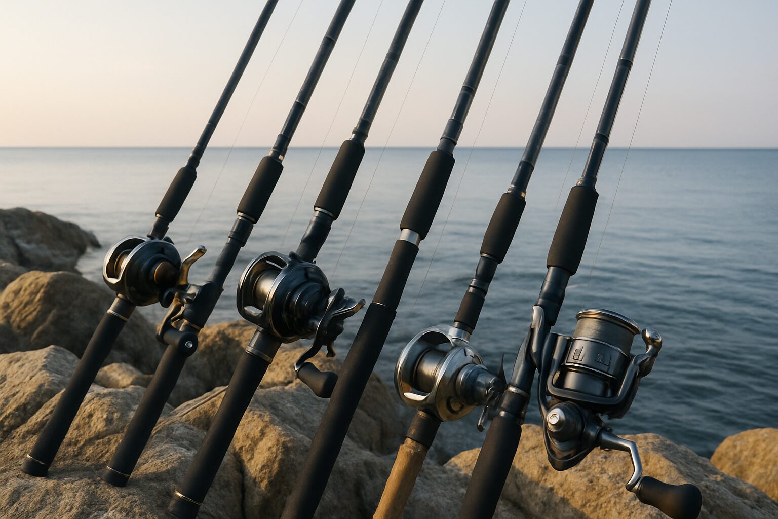 海辺に並んだハイエンド釣りロッドのイメージ写真