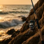 夕暮れの磯に立てかけられた釣り竿のイメージ
