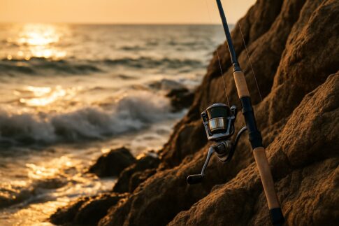 夕暮れの磯に立てかけられた釣り竿のイメージ