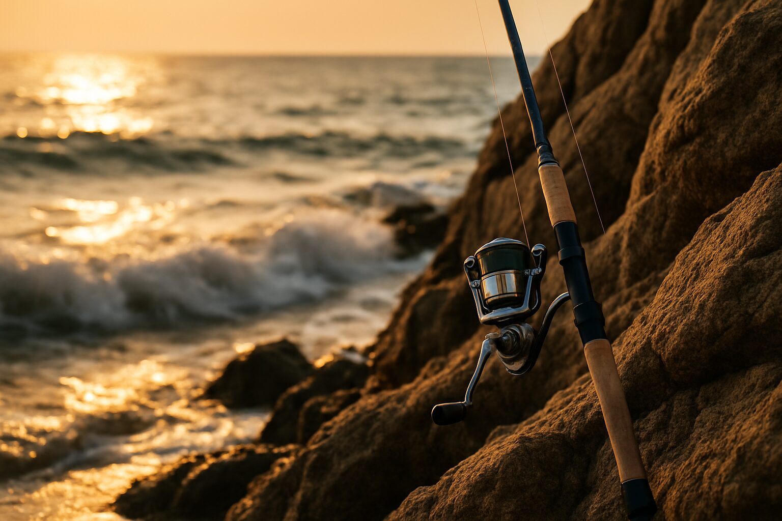 夕暮れの磯に立てかけられた釣り竿のイメージ