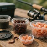 釣りの餌各種（イソメ・オキアミ・アミエビ）と釣り道具を並べたイメージ