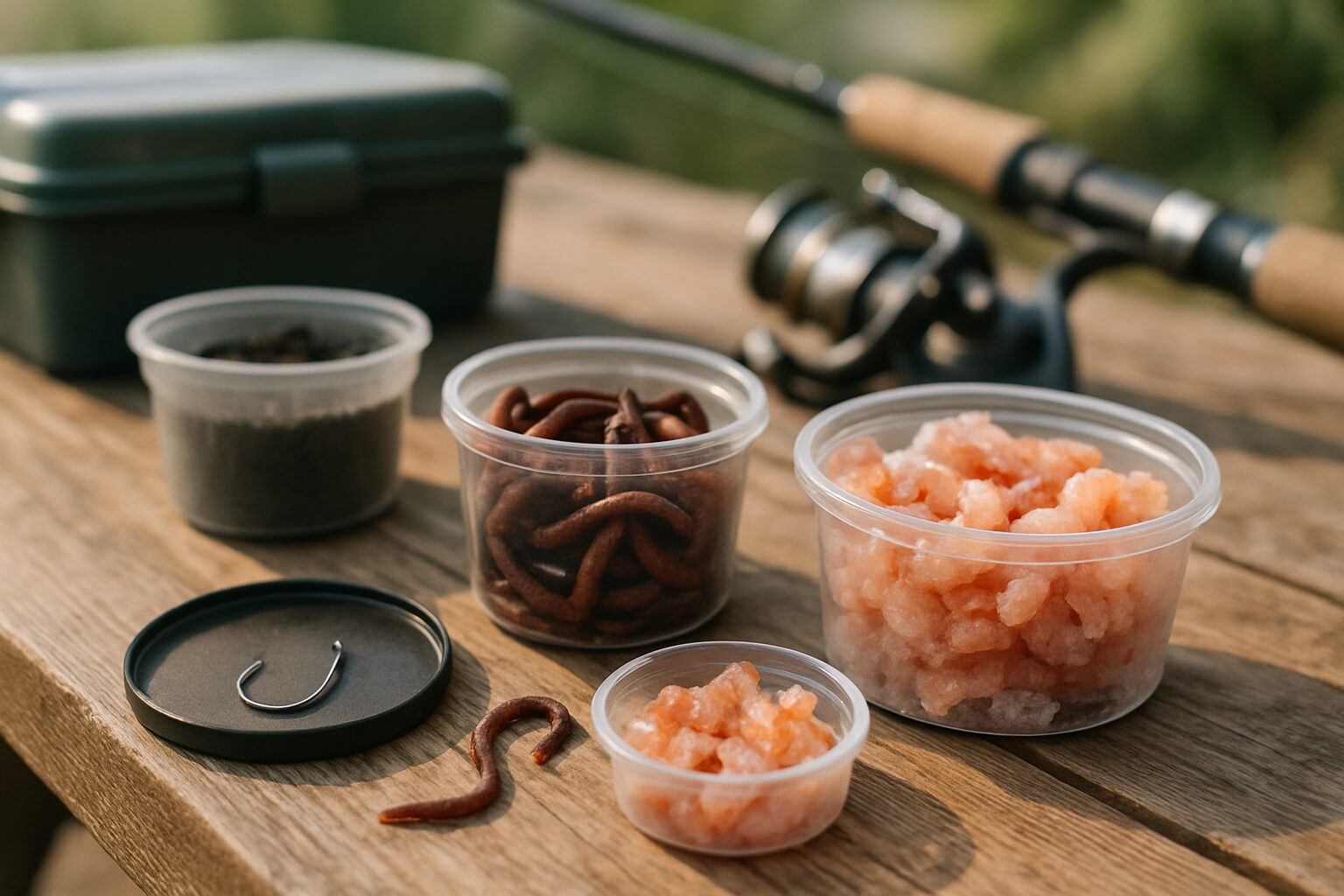 釣りの餌各種（イソメ・オキアミ・アミエビ）と釣り道具を並べたイメージ