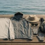 堤防に並んだ釣り用ウェアと小物のフラットレイ。UVカットシャツ、レインジャケット、帽子、偏光グラス、グローブ、フローティングベストが揃っている