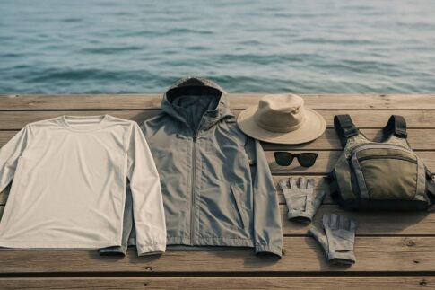 堤防に並んだ釣り用ウェアと小物のフラットレイ。UVカットシャツ、レインジャケット、帽子、偏光グラス、グローブ、フローティングベストが揃っている