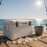 堤防に置かれた釣り用クーラーボックスと釣り道具