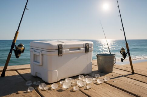 堤防に置かれた釣り用クーラーボックスと釣り道具