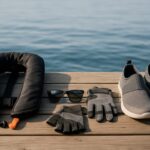 堤防の上に並べられた釣り用安全装備一式（ライフジャケット・偏光サングラス・滑り止めシューズ）