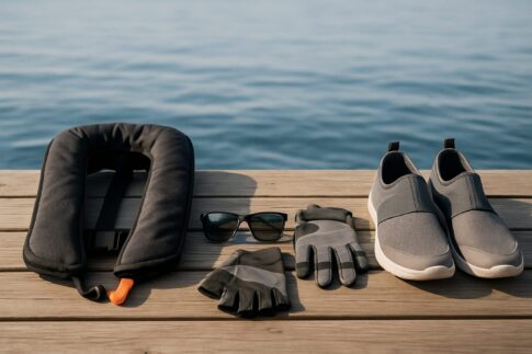 堤防の上に並べられた釣り用安全装備一式（ライフジャケット・偏光サングラス・滑り止めシューズ）