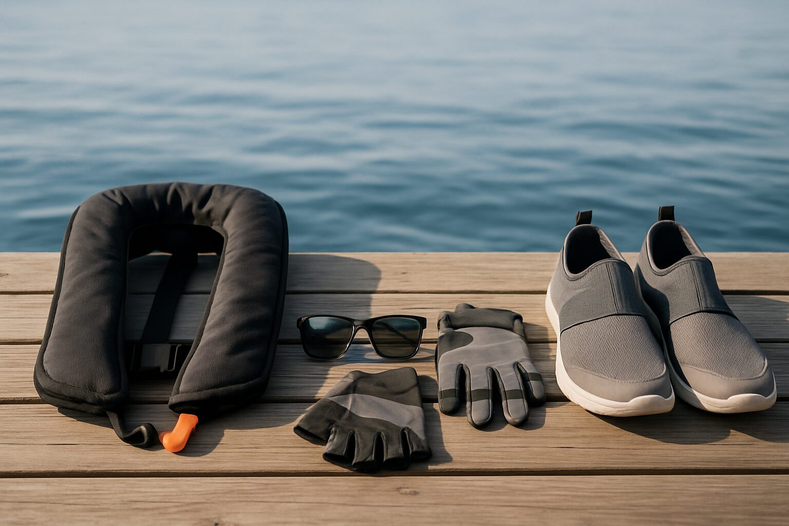 堤防の上に並べられた釣り用安全装備一式（ライフジャケット・偏光サングラス・滑り止めシューズ）