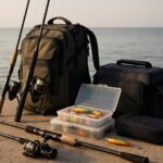 釣り場の岸壁に置かれた釣り用リュックとタックルバッグ、ロッドや道具類が整然と並んでいる